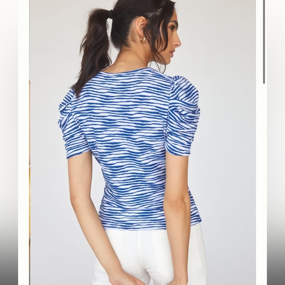 Maeve Puff Sleeve Cutout Tee Raw Edge Striped Anthropologie - Picture 2 of 6
